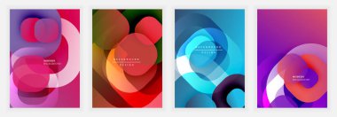 Dört canlı soyut arkaplan. Üst üste binen daireler, gradyan, renk değişimi ve modern tasarım elementleri kullanarak dinamik bileşimler oluşturur. Mevcut en küçük metin.