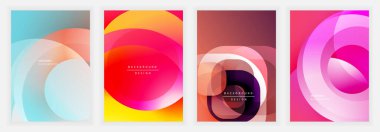 Dört canlı soyut arkaplan üst üste binen daireler, gradyanlar içeriyor. Modern tasarımlar parlak renkleri kullanır, dinamik görsel cazibe yaratır. Mevcut en küçük metin.