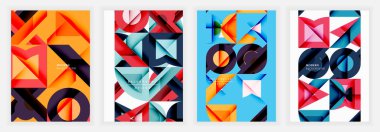 Dört canlı geometrik tasarım. Üst üste binen şekiller turuncu, mavi, kırmızı, pembe renkler kullanarak dinamik kompozisyonlar oluşturur. Modern arka planlar sanatsal beceri ve görsel ilgi gösteriyor..