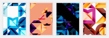 Dört canlı geometrik tasarım. Soyut şekiller örtüşür, dinamik kompozisyonlar oluşturur. Serin, sıcak renk paletleri her panele hakim. Modern estetik, uygun arka plan veya dijital sanat.