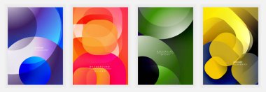 Dört canlı soyut arkaplan üst üste binen daireler, gradyanlar içeriyor. Renkler arasında mavi, turuncu, yeşil, sarı var. Modern tasarımlar dinamik görsel cazibe öneriyor.