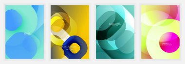 Soyut geometrik kompozisyonlar. Üst üste binen daireler dinamik görseller yaratır. Canlı renk palettesblue, sarı, deniz mavisi, morumsu tasarımlar. Modern arka planlar yenilik ve akıcılık öneriyor.