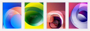 Dört canlı soyut arkaplan üst üste binen daireler, gradyanlar içeriyor. Tasarımlar parlak renkler kullanır, modern görsel cazibe yaratır. Mevcut en küçük metin.