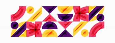 Geometrik şekiller tekrar ediyor, canlı desenler yaratıyor. Sarı, mor, pembe renkler kompozisyona hakim. Modern tasarım, temiz çizgiler soyut görsel deneyim sunar.