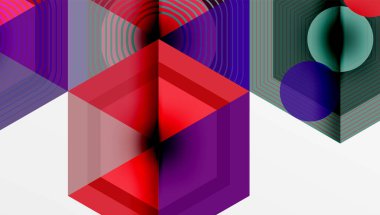 Soyut geometrik bileşim. Canlı renkler katmanlı üçgen prizmalar ve daireler içinde harmanlanır. Çizgiler dinamik görsel doku oluşturur, modern estetik.