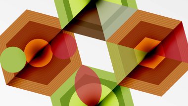 Soyut geometrik desen. Altıgenler, daireler dinamik bileşim oluşturarak kesişir. Sıcak renkler baskın, yeşil aksanlı. Çizgiler derinlik ve boyut gösteriyor. Modern tasarım ögesi.