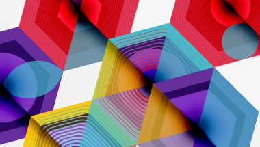 Soyut geometrik bileşim. Üst üste binen şekiller, canlı renkler dinamik görsel deneyimler yaratır. Çizgiler, daireler, altıgenler dizaynın hakimi. Modern, eğlenceli estetik..