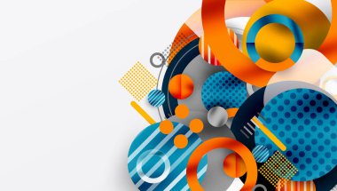 Soyut geometrik bileşim. Üst üste binen daireler, kareler, çizgiler dinamik görsel efekt yaratır. Turuncu, mavi, gri baskın palet. Modern tasarım ögesi.