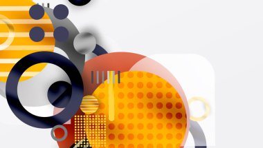 Soyut geometrik bileşim. Üst üste binen daireler, kareler, çizgiler dinamik görsel efekt yaratır. Sıcak renkler baskın gelir, serin gri tonlarla zıtlaşır. Modern tasarım elemanları.