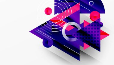 Soyut geometrik bileşim. Canlı mor, pembe, kırmızı renkler tasarımda baskın. Çizgiler, daireler, üçgenler dinamik görsel deneyimler yaratır. Modern estetik.