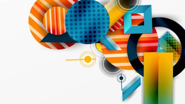 Soyut geometrik bileşim. Üst üste binen daireler, dikdörtgenler, çizgiler dinamik görsel efekt yaratır. Parlak renkler, gradyanlar derinlik ekler, modern estetik.