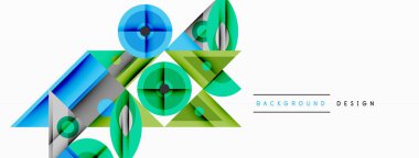Soyut geometrik şekiller, mavi, yeşil renkler kompozisyona hakim. Üst üste binen daireler, üçgenler dinamik görsel efekt yaratır. Arka planlar için modern tasarım ögesi.