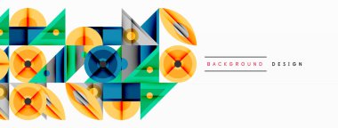 Soyut geometrik desen. Üst üste binen şekiller turuncu, mavi ve yeşil renkler kullanarak dinamik bileşim oluşturur. Arkaplan ve sunumlar için modern tasarım ögesi.