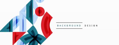 Soyut geometrik şekiller örtüşür, dinamik bileşim yaratır. Kırmızı, deniz mavisi, mavi renkler dizaynda baskın. Minimalist stil modern arka planlara, sunumlara uyuyor. Temiz çizgiler biçimleri tanımlar.