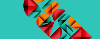 Soyut geometrik bileşim. Üst üste binen şekiller dinamik görsel akış yaratır. Kırmızı, turuncu, deniz mavisi renkleri turkuaz arka planda baskın. Modern tasarım ögesi.