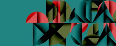 Soyut geometrik bileşim. Şekiller örtüşüyor, dinamik görsel ilgi yaratıyor. Renkler arasında deniz mavisi, kırmızı, siyah, zeytin yeşili vardır. Modern tasarım, minimalist estetik.