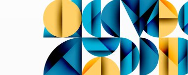 Soyut geometrik bileşim. Üst üste binen daireler, yarı daireler, üçgenler dinamik desen oluşturur. Sarı, mavi renkler beyaz arkaplana hükmediyor. Modern tasarım ögesi.