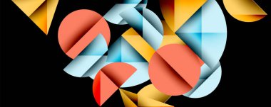 Soyut geometrik bileşim. Üst üste binen şekiller, üçgen hareketli görsel akış. Sıcak renkler, koyu arkaplan karşısında serin renkleri karşılar. Modern tasarım.