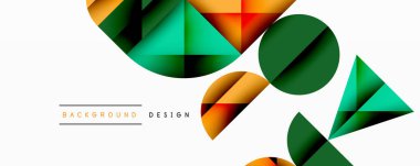Soyut geometrik şekiller örtüşür ve canlı bir bileşim yaratır. Yeşil, turuncu, kırmızı renkler tasarımda baskın. Çeşitli projeler için modern arkaplan.