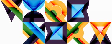 Soyut geometrik bileşim. Renkli şekiller kenetlenir, dinamik desen oluşturur. Üçgenler, kıvrımlar, dikdörtgenler dizaynın hakimi. Modern, canlı estetik..