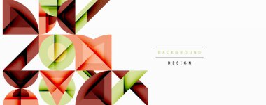 Soyut geometrik şekiller dinamik bileşim yaratır. Sıcak renkler, portakallar, serin tonlarla harmanlanmış yeşiller. Minimalist tasarım modern estetik, temiz çizgiler, ince gradyanlar öneriyor.