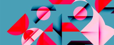 Soyut geometrik bileşim. Üst üste binen şekiller, üçgenler, dikdörtgen, dinamik görsel etkileşim. Pembe, kırmızı, siyah elementler, deniz mavisi arkaplanı ile tezat oluşturuyor. Modern tasarım.