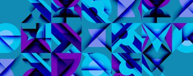 Soyut geometrik desen. Mavi, mor gölgeler dinamik bileşim yaratır. Şekiller örtüşüyor, karmaşık görsel doku oluşturuyor. Modern tasarım ögesi.