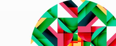 Soyut geometrik bileşim. Üst üste binen şekiller dinamik görsel efekt yaratır. Parlak renkler, yeşil, kırmızı, pembe, sarı, siyah, karmaşık desen oluşturur. Modern tasarım.