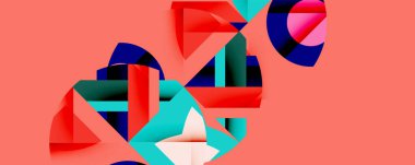 Soyut geometrik bileşim. Üst üste binen şekiller, dinamik görsel ilgi yaratır. Kalın renkler, maviler, mercan arka planlı turkuaz. Modern tasarım, temiz çizgiler, katmanlı formlar.