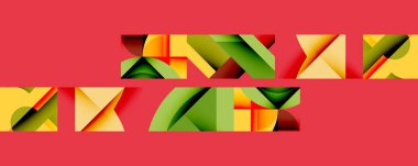 Soyut geometrik şekiller üst üste binerek katmanlı görsel efekt yaratır. Sıcak sarılar, yeşiller, kahverengiler kırmızı arka planda kontrastlar. Modern tasarım, canlı renkler, temiz çizgiler.