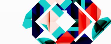 Soyut geometrik bileşim. Üst üste binen kareler, dikdörtgenler dinamik desen oluşturur. Kırmızı, deniz mavisi, deniz mavisi, soluk pembe beyaz arka plana hakim. Modern tasarım ögesi.