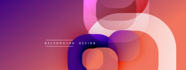 Soyut şekiller örtüşüyor, canlı gradyanlar yaratıyor. Mor, turuncu, pembe renkler kompozisyona hakim. Modern tasarım ögesi.