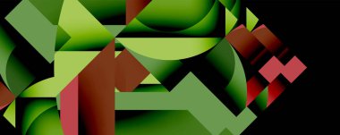 Soyut geometrik bileşim. Yeşil, kırmızı renkler siyah arkaplana hakim. Şekiller çakışıyor, dinamik görsel etki yaratıyor. Modern tasarım.