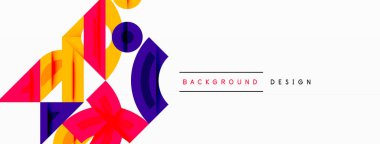 Soyut geometrik şekiller, canlı renkler, modern tasarım. Kompozisyonda üçgenler, daireler, üst üste binen formlar var. Minimalist estetik, temiz çizgiler..