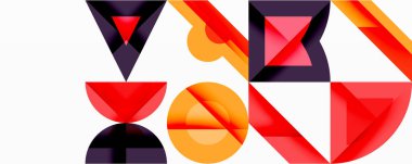 Soyut geometrik şekiller örtüşür ve canlı bir bileşim yaratır. Kırmızı, turuncu, mor renkler beyaz arkaplana hakim. Modern tasarım.