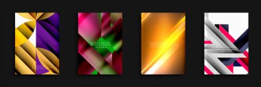 Soyut geometrik tasarımlar. Canlı renkler, gradyanlar, üst üste binen şekiller modern arka planlar yaratır. Dijital projeler için şık bir sunum.