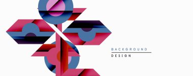 Soyut geometrik şekiller örtüşür, dinamik bileşim yaratır. Pembe, mavi, mor renkler tasarımda baskın. Minimalist tarz, modern estetik.