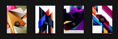 Soyut geometrik tasarımlar. Parlak renkler, üst üste binen şekiller, modern tarz. Arkaplan veya el ilanları için vektör illüstrasyonları.