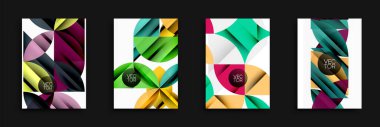 Soyut geometrik tasarımlar. Renkli şekiller üst üste biniyor, modern desenler yaratıyor. Arkaplan veya el ilanları için uygun vektör illüstrasyonları.