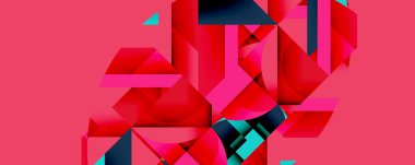 Soyut geometrik şekiller üst üste binerek canlı kırmızı, pembe ve deniz mavisi bileşimi oluşturur. Modern tasarım, kalın renkler görsel alana hakim..