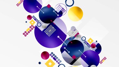 Soyut kompozisyon. Çemberler, kareler, çizgiler dinamik görsel deneyimler yaratır. Mor, lacivert, sarı baskın palet. Modern tasarım.