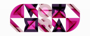 Soyut geometrik bileşim. Pembe, mor, siyah şekiller karmaşık desenler oluşturuyor. Modern tasarım ögesi.