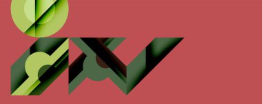 Soyut geometrik şekiller üst üste binerek kırmızı zemin üzerinde katmanlı yeşil şekiller oluşturur. Minimalist tasarım derinliği, dokuyu ve görsel ilgiyi vurgular.