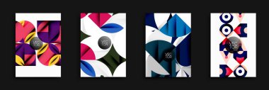 Soyut geometrik tasarımlar. Parlak renkler, üst üste binen şekiller, modern estetik. Arkaplan ve posterler için uygun vektör illüstrasyonları.