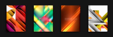 Dört canlı soyut arkaplan. Geometrik şekiller, gradyanlar, dinamik çizgiler modern tasarımlar yaratır. Parlak renkler kompozisyona hakim.