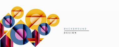 Soyut geometrik şekiller, canlı renkler, modern tasarım. Üst üste binen daireler dinamik bileşim, temiz estetik oluşturur.