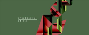 Soyut geometrik şekiller örtüşür, dinamik görsel efekt yaratır. Koyu yeşil arka plan kırmızı, siyah ve zeytin tonlarını tamamlar. Modern tasarım.