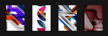 Soyut geometrik tasarımlar. Canlı renkler, üst üste binen şekiller, modern estetik. Dinamik kompozisyonlar, gradyanlar, gösterişli sunum.