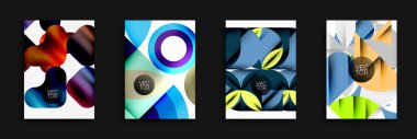 Soyut vektör tasarımları. Parlak renkler, geometrik şekiller, modern kompozisyonlar. Minimalist stil, dinamik görseller, temiz yerleşimler.
