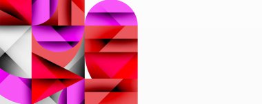 Soyut geometrik bileşim. Şekiller çakışıyor, dinamik görsel etki yaratıyor. Kırmızı, pembe, gri baskın palet. Minimalist tasarım.